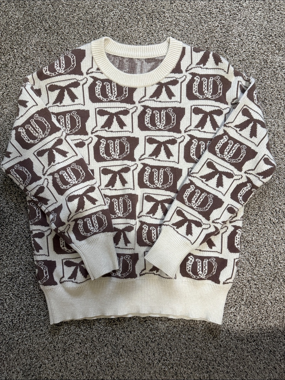SHEIN Cream & Brown Graphic Pattern Crewneck Sweater